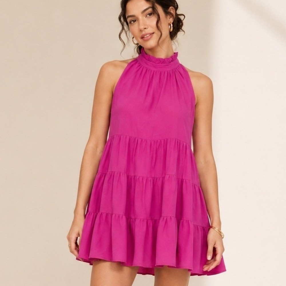 TCEC Hot Pink Tiered Ruffle Neck Babydoll Mini Dress Sleeveless Fuchsia Small